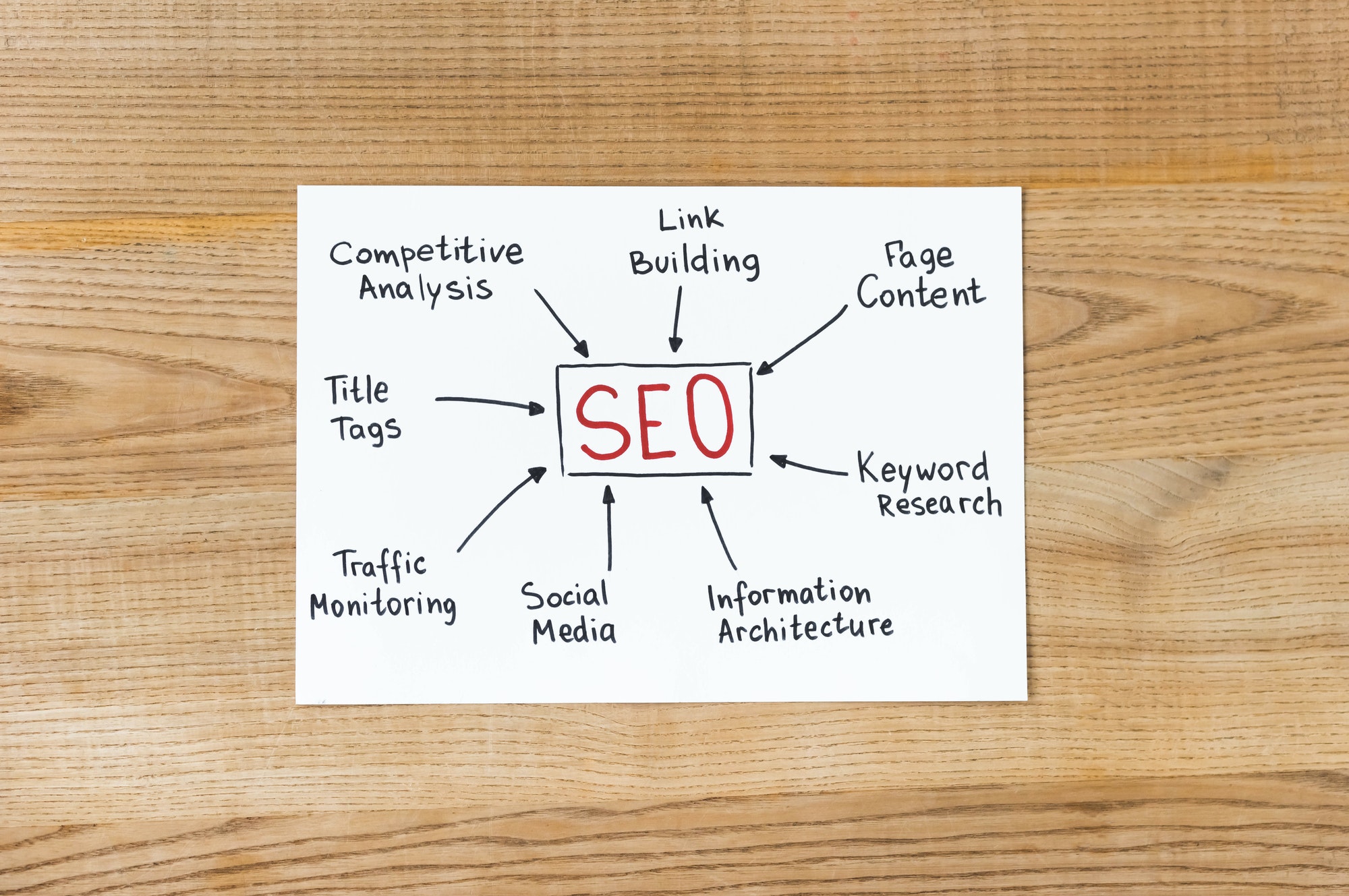 top view of paper with concept words of seo on wooden table